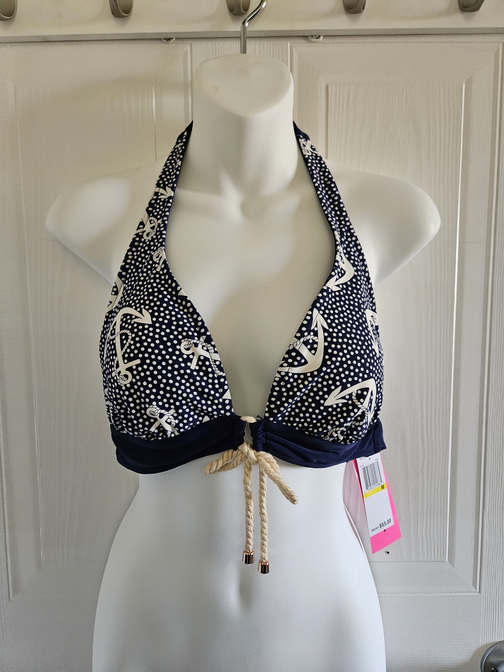 Betsey Johnson Navy and White Anchor Print Halter Bikini Top- Reversible